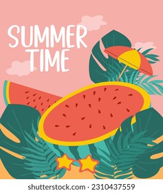 A poster of a beach design with the image of watermelons on the beach. Vector illustration