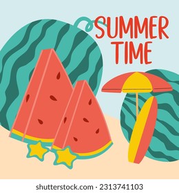 Cartel de diseño playero con la imagen de las sandías en la playa. Ilustración del vector