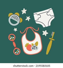 Afiche con una bolsa de pan, pañales, cepillo de dientes y un bib. Atención y desarrollo de la salud. Productos para recién nacidos.
Diseño bonito para niños y niñas. Ilustración vectorial dibujada a mano.