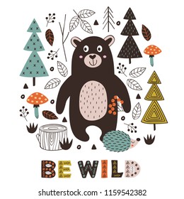 poster bear and hedgehog in forest Scandinavian style