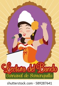 Poster with beautiful Barranquilla's Carnival Queen reading the royal proclamation (in Spanish: Lectura del Bando) that mark the beginning of festive events in the carnival.