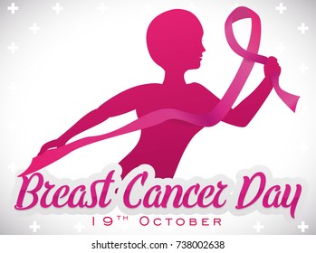 Poster with beautiful brave bald woman holding the pink ribbon, symbol that represents the fight against Breast Cancer in its day, in October 19.
