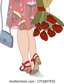 poster with beautiful female legs in red sandals. A girl in a pink dress and a gray handbag, goes on a date. Behind a beautiful bouquet of red flowers