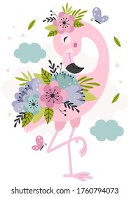 poster with beautiful floral pink flamingo -  vector illustration, eps
