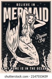 Poster with beautiful mermaid. Monochrome vector illustration vintage style