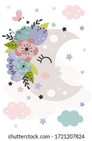 poster with beautiful moon and flowers
 -  vector illustration, eps