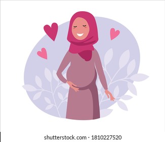 A poster with a beautiful Muslim pregnant woman. Minimalistic design, flat cartoon vector illustration. A pregnant woman holds her hands on her stomach. Tender mood pregnancy illustration