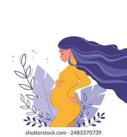 Poster of a beautiful pregnant girl against a background of abstract leaves on a white background