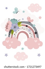 poster with beautiful rainbow and flowers
 -  vector illustration, eps
