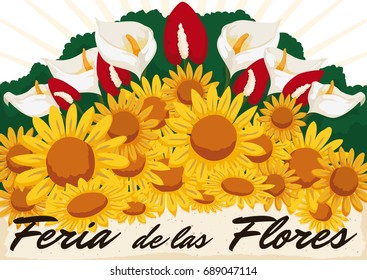 Poster with beautiful red anthuriums, white calla lilies and yellow daisies for Colombian Festival of the Flowers (written in Spanish).