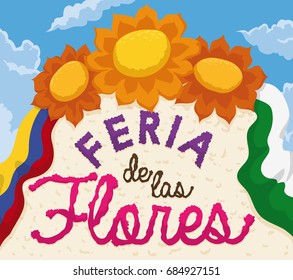 Poster with beautiful sky view and some traditional flowers and flags during Colombian Flowers Festival (written in Spanish).