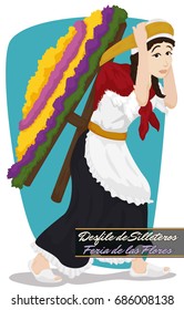 Poster with beautiful woman carrying her silleta in traditional costume for Silleteros Parade event in Flowers Festival celebration (written in Spanish).