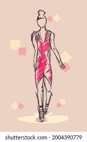 poster with beautiful woman in short dress, fashion sketch
