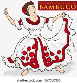 Poster with beautiful woman wearing a traditional dress ready to perform the Bambuco dance in Bambuco Pageant and Folkloric Festival (written in Spanish over the red label).