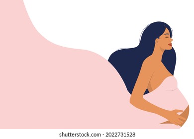  Poster with a beautiful young pregnant woman with long hair and place for text. Modern banner about pregnancy and motherhood. Minimalistic design, flat cartoon vector illustration