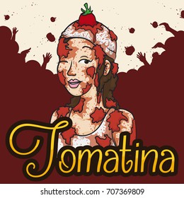 Poster with beautiful young woman all covered with tomatoes and a multitude in the background celebrating Tomatina Festival.