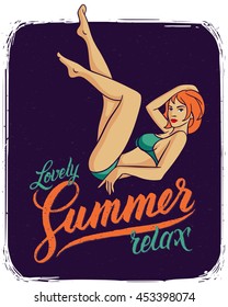 Poster with beautiful young woman in bikini laying on the calligraphic lettering composition "Lovely Summer relax"