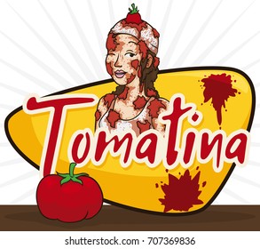 Poster with beautiful young woman over greeting sign and tomato, celebrating the traditional Tomatina event.