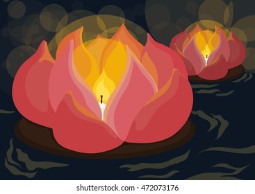 Poster with beauty lotus lantern floating in the river guiding the lost souls in Hungry Ghost Festival.