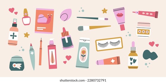 Poster with beauty products. Cream, cleanser, tonic, sheet mask, serum, moisturizer, essence, foundation, nail  polish etc. Make up, manicure and skin care cosmetic. Vector illustration, pastel colors