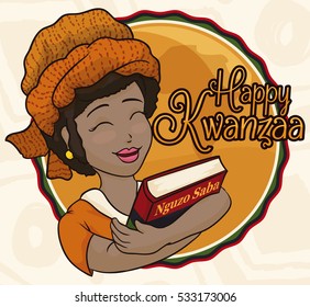 Poster with beauty smiling dark skinned lady celebrating Kwanzaa holding a book with the Seven Principles of African Heritage (or Nguzo Saba).