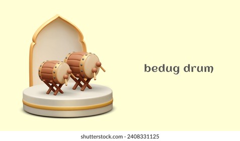 Poster with bedug drum on stage near arch. Traditional musical instrument for call to prayer. Celebrating Ramadan concept. Vector illustration in 3d style with yellow background