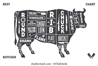 Poster beef for Butcher meat shop. Pork beef with typography and cow drawing. Vector Illustration