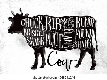 Poster beef cutting scheme lettering chuck, brisket, shank, rib, plate, flank, sirloin, shortloin, rump, round, shank in vintage style drawing on dirty paper background