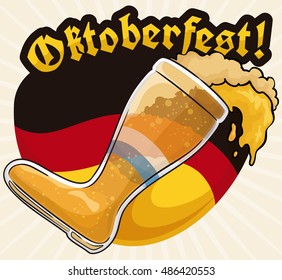 Poster with a beer boot in front of sign with Germany colors ready to celebrate in the Oktoberfest.