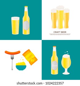Poster with beer bottle, mugs, glasses, potato chips, sausage. Vector icon with alcoholic beverages. Wheat  lager, craft  ale