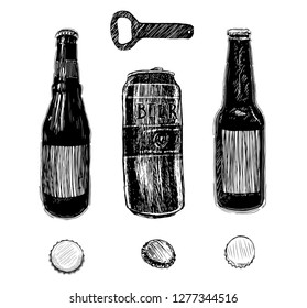 Poster beer with four main types lettering classic, light, white, dark, red drawing with chalk in vintage style on chalkboard.