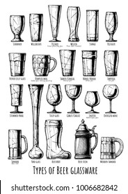 Poster with Beer glassware types infographic. Illustration in ink hand drawn style.