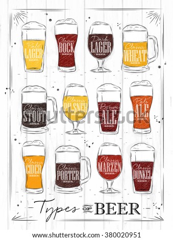 Poster beer main types, lager, bock, dark, wheat, stout, pilsner, ale, cider, porter, marzen, dunkel drawing with coal in vintage style on wood background.
