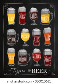 Poster beer with main types lettering pale lager, bock, lager, wheat, stout, pilsner, ale, cider, porter, marzen, dunkel drawing with chalk in vintage style on chalkboard.