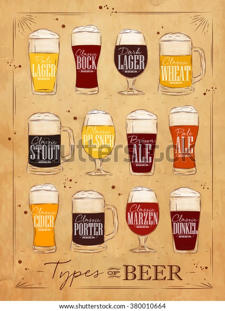 Poster beer main types lettering lager,\
bock, dark, wheat, stout, pilsner, ale, cider, porter, marzen,\
dunkel drawing in vintage style on kraft\
background