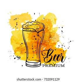 Poster Beer Mug On A Yellow Watercolor Splash. Vector Illustration In Old Ink Sketch Style.