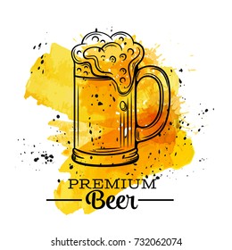 Poster beer mugs on a yellow watercolor splash. Vector illustration in old ink sketch style.