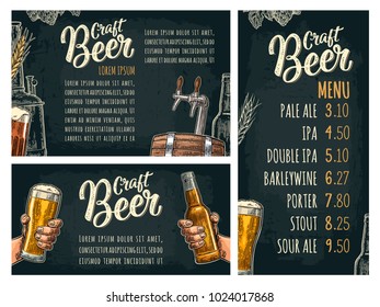 Poster and beer price menu with tap, glass, bottle, hop branch with leaf, ear of barley, barrel, tanks from brewery factory. Craft Beer lettering. Vintage vector color engraving illustration on dark