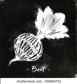 Poster beet cutting scheme lettering boiled, canned, salad in vintage style drawing with chalk on chalkboard background