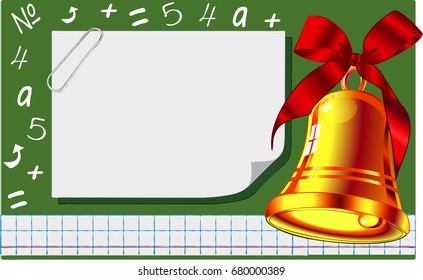A poster with a bell for school.School board with a notebook and a chalk pattern.Vector illustration.