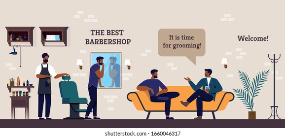 Poster the Best Barbershop, Club Visitors Cartoon. Bright Banner Men are Talking.  Hairdresser is Standing Nearby. Vector Illustration.