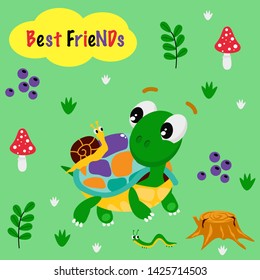 poster best friends with a colorful turtle and a snail - vector illustration, eps