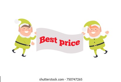 Poster best price is held by two elves on white background. Vector illustration of Christmas discount in big supermarkets and boutiques. Santa's helpers as element of decor for encouragement customers