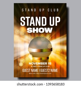Poster Of Best Stand Up Night Show In Club Vector. Modern Golden Microphone, Yellow Curtain And Light Bubbles Due Spotlight On Poster With Information Text. Amusing Concert Realistic 3d Illustration