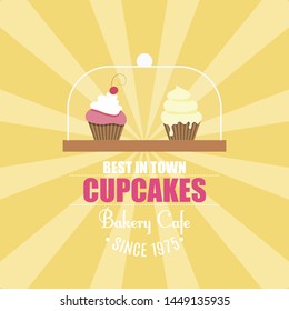 Poster Best in Town Cupcakes Bakery Cafe Cartoon. Cream Cakes on Tray. Advertising Poster Invitation to Cafe. Sweet Menu for Bakery or Pastry Shop. Vector Illustration on Color Background