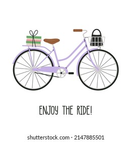 Poster with a bicycle and a positive wish – Enjoy The Ride! Vintage bike with bag and books in a basket, hand draw lettering. City lifestyle concept. Poster, greeting card. Cute vector illustration.