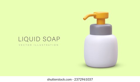 Poster with big dispenser for different liquids on green background. 3d plastic cosmetic product bottle with liquid soap. Vector illustration with place for text