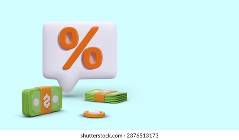 Poster with big percentage icon for bank and banknotes. Concept of business, sales and discounts. Profitable purchases and savings. Vector illustration with blue background