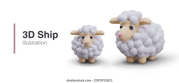 Poster with big and small sheep and place for text and shadow. Cute sheep toy for little children. Cartoon character design. Vector illustration in 3D style