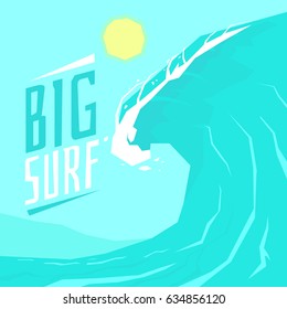 Poster big surf with big wave and the sun. Vector illustration of colorful cartoon style